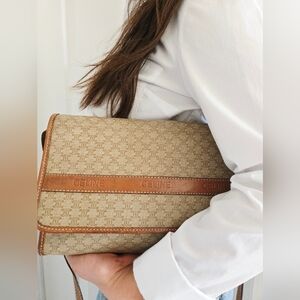 Authentic CELINE Macadam Vintage Large‎ Crossbody Bag Leather Clutch